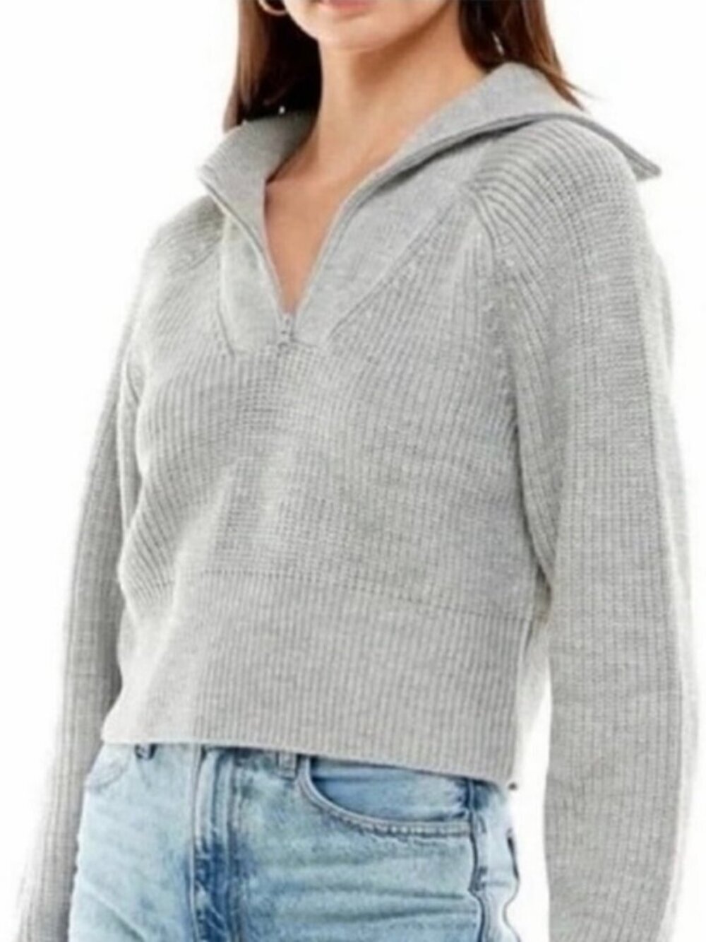 Wayf Nelle Half Zip Cropped Sweater Gray Ribbed Knit Women’s Size Small